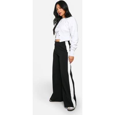 boohoo Dames Petite Broek met Contrasterende Strepen en Wijde Pijpen | Black | Maat: 6