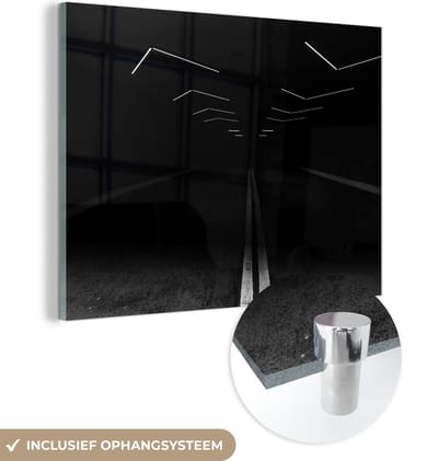 MuchoWow® Glasschilderij 160x120 cm - Schilderij acrylglas - Zwart - Wit - Weg - Tunnel - Foto op glas - Schilderijen