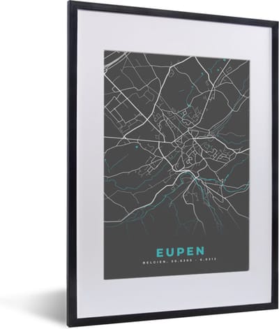 Fotolijst incl. Poster - Plattegrond – Eupen – Blauw – Stadskaart - Kaart - 30x40 cm - Posterlijst