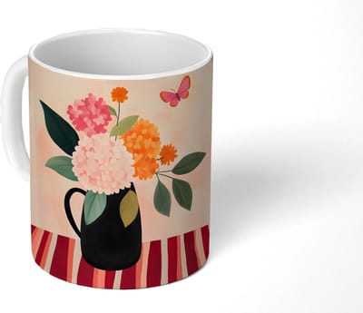 Mok - Koffiemok - Vaas - Bloemen - Vlinder - Rood - Mokken - 350 ML - Beker - Koffiemokken - Theemok