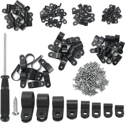 R-Type Kabelhouders Set met 221 Stukken, 8 Maten, Schroefbare Klemmen en 110 Schroeven voor Organisatie en Beveiliging van Kabels
