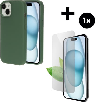 Mobiparts Silicone Cover hoesje geschikt voor Apple iPhone 15 met 1 Screenprotector van Gerecycled Gehard Glas - Groen