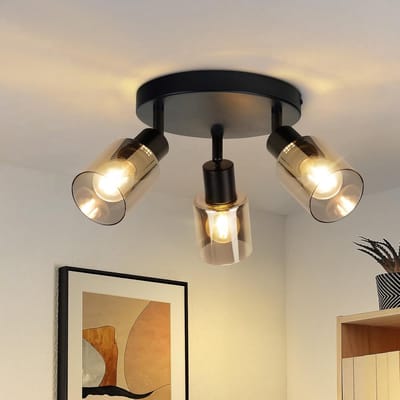 Glitzerlife - Plafondspot Plafondlamp - Industrieel Vintage - Opbouwspots Keuken - Draaibaar en Kantelbaar - Glas en Metaal - 3xE14 fitting - Ø20cm - Zwart