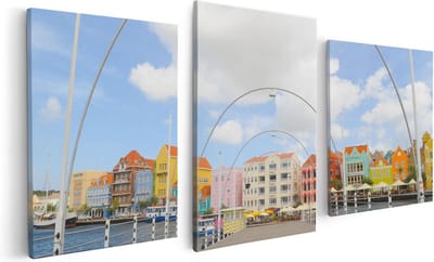 Artaza Canvas Schilderij Drieluik Willemstad Gekleurde Huisjes in Curaçao - 120x60 - Foto Op Canvas - Canvas Print