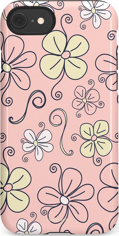 Casetastic hoesje geschikt voor Apple iPhone SE / Apple iPhone 7 / Apple iPhone 8 - Dubbellaagse bescherming - Pastel Perzik Doodle Peach Bloemen - Fashion Case - Zand Zilver Lichtroze