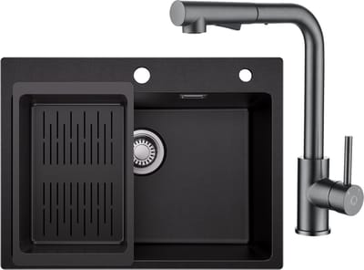 SOFETIY MAX Granieten spoelbakken (60x45cm) - Spoelbak Keuken Met Keukenkraan Met Uittrekbare Uitloop - Wasbak Keuken Met Waterafvoersysteem en Afdruiprek - Zwart