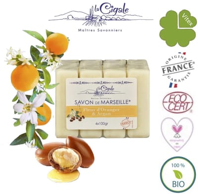 Marseille zeep glycerine oranjebloesem en argan olie zeep 4x100g merk La Cigale