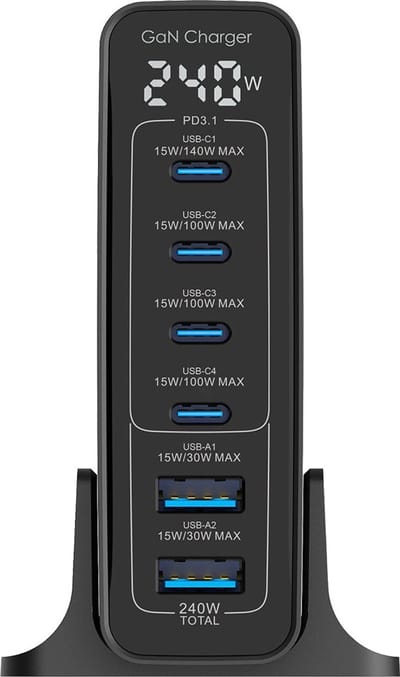 Rixus RX240 240W GaN Power Adapter With Digital Display Black