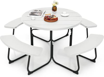 COSTWAY Zitgarnituur voor 8 personen, picknicktafel met parasolgat en 4 banken, ronde tuintafel, tuingarnituur, tuinmeubelen, zitgroep voor tuin, terras (wit)
