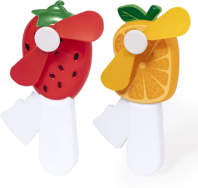 Mini ventilator/handventilator - 2x stuks - aardbei/sinaasappel - verkoeling - festival/zomer