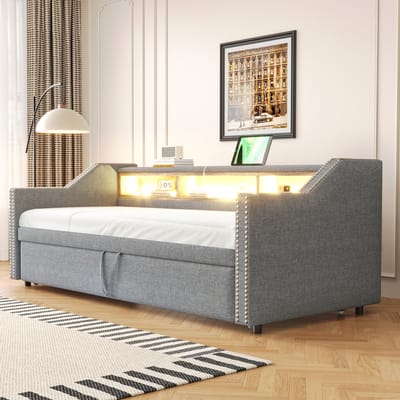 REDOM Slaapbank – 90/180x190 cm – Uitschuifbaar met LED & USB – Linnen – Lichtgrijs