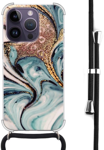 Hoesje met koord - Geschikt voor iPhone 14 Pro Max - Marmer blauw swirl - Verstelbaar zwart koord - Transparant, Blauw, Goud - Marmer - Leuke Telefoonhoesjes