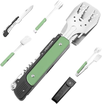 14 Inch 6-in-1 Vouwbare Grillset met Vork, Spatel, Grillmes en Tang voor Barbecue en Kamperen (Groen)