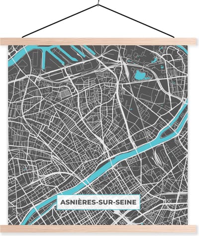 Posterhanger incl. Poster 40x40 cm - Schoolplaat - Stadskaart – Frankrijk – Kaart – Asnières-sur-Seine – Plattegrond - Textielposter - Blanke latten - Stadskaart