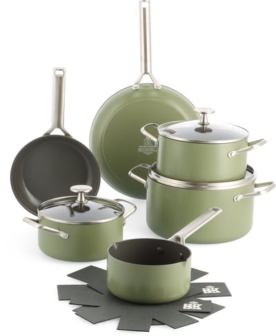 BK Sublime Pannenset 11-delig - 18/20/24/28cm - PFAS vrije antikleeflaag - Pannenset inductie - Keramische pan - Ovenbestendig tot 220°C - Gouden stainless steel handgrepen - Olijfgroen