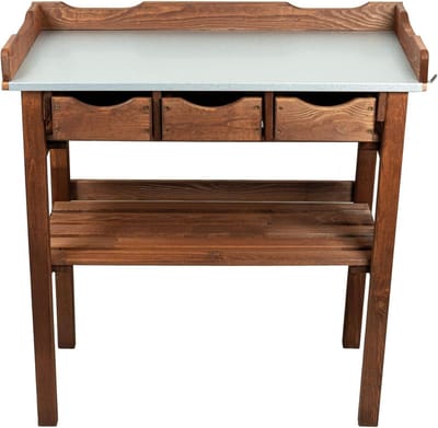 Plantentafel met roestvrijstalen blad - 78 x 38 x 82 cm - Duurzaam dennen- en multiplexhout - Donkerbruin - Inklapbaar - Met opbergla en laden