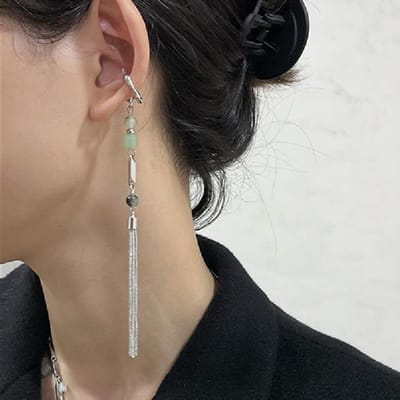 Vintage Chinese stijl kunstmatige jade kwast bloem oor clip geen piercing oorbel trendy punk metalen oor manchet clip oorbel black