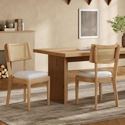 Sweiko Eetkamerstoel - Set van 2 - Rotan rugleuning - Massief houten frame - Velvet zitkussen - Natuurlijke