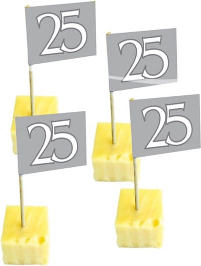 Folat 25 jaar thema feestartikelen - 100x stuks Cocktail prikkers - versiering - zilveren bruiloft - jubileum - verjaardag