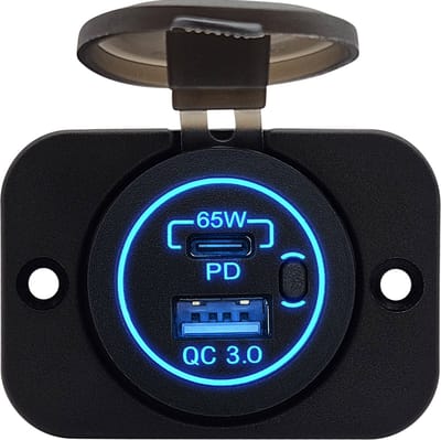 ProRide 12V USB/USB C Stopcontact 2 Poorten Inbouw met Schakelaar - 65W - QC3.0 - USB Autolader, Boot en Camper - Complete set - Blauw