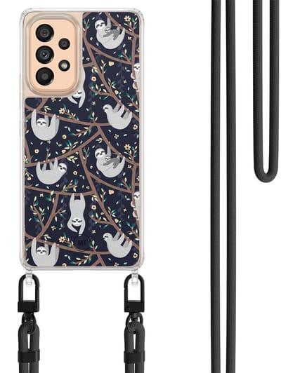 Hoesje met koord geschikt voor Samsung Galaxy A52 5G - Luiaard print - Inclusief Zwart koord - Crossbody beschermhoes - Transparant, Beige - Mooie Telefoonhoesjes