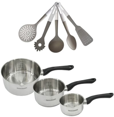 Fackelmann 9222450 Set van 3 RVS Pannen 12/16/20 cm Geneva Zonder PFAS met 5 Keukengerei
