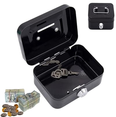 Small Money Cassette Lockable with Key, Small Safe, Metal Locker Money Cassette with Key Lock, Wallet, Cash Register with 2 Keys, 11.5 x 8.5 x 5.8 cm (Black)