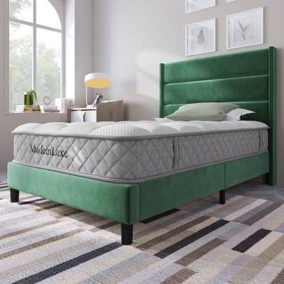 Gestoffeerd bed 90 x 200 cm, bedframe met lattenbodem en hoofdeinde, gewatteerd tweepersoonsbed, donkergroene fluwelen bekleding, tijdloos modern design, kinderbed (inclusief matras)