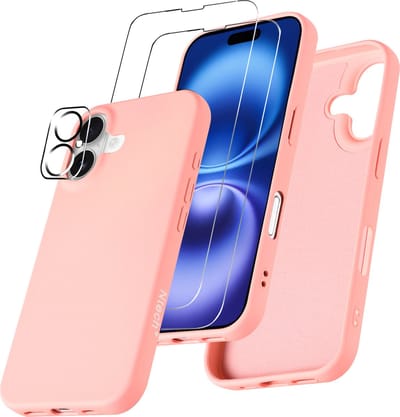 Hoesje Geschikt voor iPhone 16 – Zacht siliconen liquid backcover met 2x screenprotectors gehard glas en 1x lens protector – Licht Roze