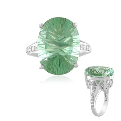 Cavill - Elegante Zilveren Ring 925 Sterling Platina Geplateerd - Groene Fluoriet 14,19 ct Ovaal Concaaf - Zirkonia Pavé Accenten