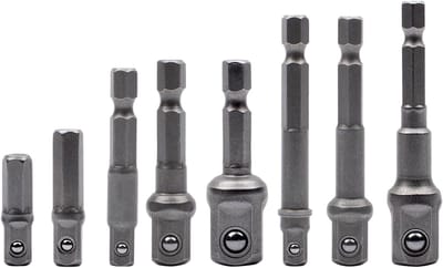 Set van 8 dopsleuteladapters, 1/4 inch zeskant adapter naar 1/4 inch, 3/8 inch, 1/2 inch dopsleutel, voor boormachine en accuschroevendraaier, dopsleutels en bithouder