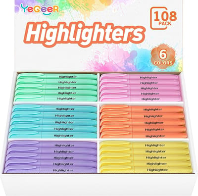 Highlighters Bulk, Chisel Tip Dry-Quick Highlighter Markers, 108 Count-6 Different Colors Highlighters Bulk Pack for Adult Kids, Office Classroom Must Have,