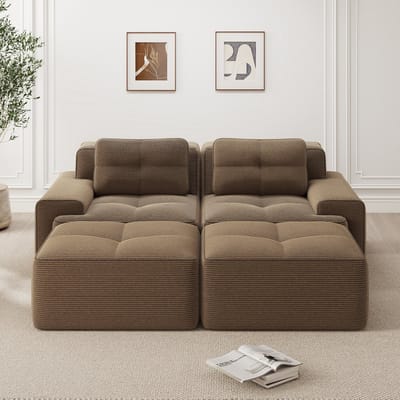 DESMIU U-Bank 204 x 177 x 69 Cm - Modulaire 2-Zits Met Diepe Zitting En Voetenbankmodule - Voor Woonkamer - Ribfluweel Bruin
