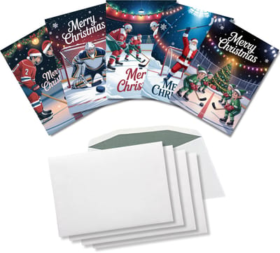 Inspra Studio – Luxe Kerstkaarten met Enveloppen – 5 Stuks – IJshockey Wenskaarten – Artistieke Sportieve Illustraties met Winterse Sfeer