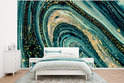 Behang - Fotobehang Marmerlook - Luxe - Goud - Turquoise - Glitter - Breedte 320 cm x hoogte 240 cm