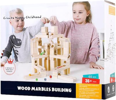 Knikkerbaan Bouwspeelgoed - Houten Ballenbaan - Educatief Spel - 60 Kralen Inclusief - 25.6 x 24.4 cm - Houtkleur