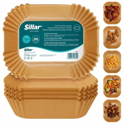 Sillar, AirFryer Wegwerpbakjes, Bakpapier voor luchtfriteuse 22 x 14 cm, anti-aanbaklaag, wegwerppapier voor airfryer, oven, pannen, magnetron, rechthoekig, 200 stuks