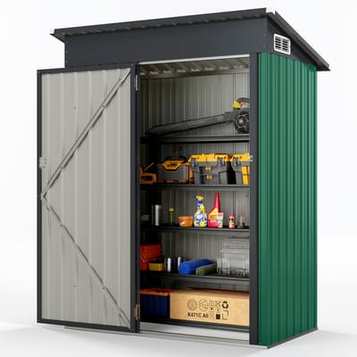 COSTWAY metalen tuinhuis, 150 x 90,5 x 185 cm | 1,5 m³, gereedschapsschuur met lessenaarsdak en deur, afsluitbare gereedschapsschuur, tuinhuisje, tuinschuur, tuinschuur voor buiten (groen)