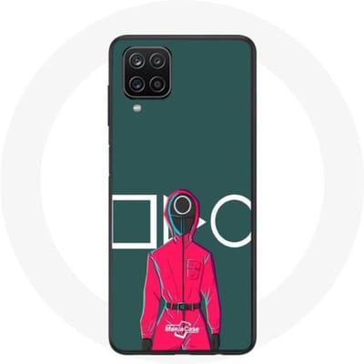 Coque Samsung Galaxy A12 Squid Game Soldat Rouge avec Masque Cercle Fond Vert