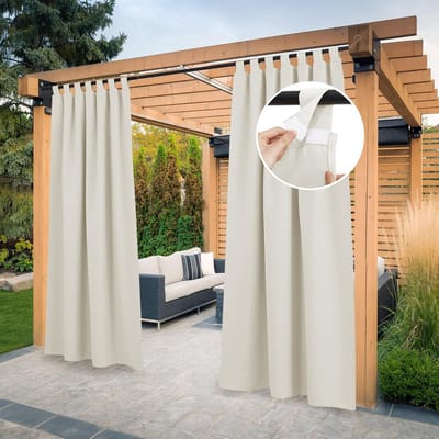 Terrasgordijnen - Set van 2 - Weerbestendige buitengordijnen - H 213 x B 132 cm - Klittenband - Buitengordijnen - Zonwerende verduisteringsgordijnen - Waterdichte zonwerende en privacyschermgordijnen - Geschikt voor balkonpaviljoen buiten - Beige