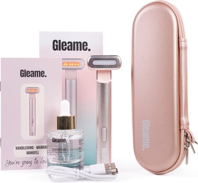 Gleame. Skincare set | Huidverbeteraar, serum en travel case | Huidverjonging | Rood lichttherapie, blauw lichttherapie, EMS microstroom