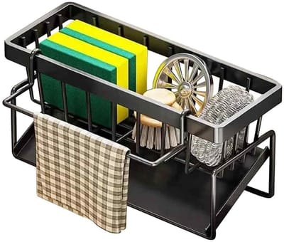 GELLDG Gootsteenorganizer - Keuken sponsrek - met zelf-drainerende lade - Afneembaar handdoekrek - Geschikt voor keuken, badkamer - Zwart