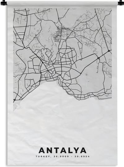 Wandkleed - Wanddoek - Antalya - Stadskaart - Plattegrond - Zwart Wit - Kaart - 120x180 cm - Wandtapijt