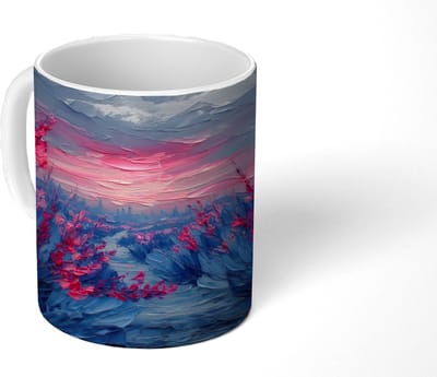 Mok - Koffiemok - Schilderij - Zonsondergang - Bloemen - Rivier - Mokken - 350 ML - Beker - Koffiemokken - Theemok