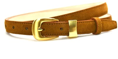 cognac suede riem - gouden gesp - 2 cm breed - maat 115 totale lengte 130 cm