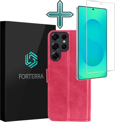 Hoesje Met Screenprotector - Geschikt voor Samsung Galaxy S25 Ultra - Luxe Pasjeshouder - Flipcase - Bookcase Portemonee - Flip Case - Kunstleer Book Case - Book Cover - Walletcase - Portemonneehoes - Donkerroze