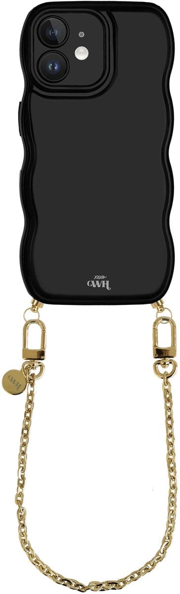 xoxo Wildhearts Glossy Wavy Cord Case Zwart - Geschikt voor iPhone 11 - Dreamy - Kort koord - Glimmend telefoonhoesje met golven - Hoesje met koord - Gouden ketting - kort telefoonkoord - Zwart hoesje - Korte variant koord