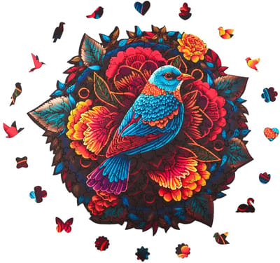 Milliwood - PH615 Houten Puzzel Mandala Vogel | 3D Puzzels bouwpakket | Hobby Speelgoed voor kinderen & volwassenen | Wanddecoratie Woonkamer | 206 stukjes Ø32cm | In luxe geschenkdoos