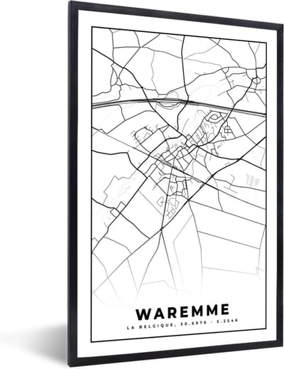 Fotolijst incl. Poster Zwart Wit- Zwart Wit – België – Plattegrond – Stadskaart – Kaart – Waremme - 40x60 cm - Posterlijst
