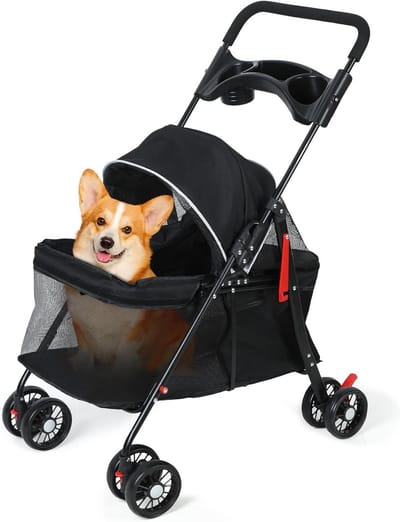 Huisdieren Wandelwagen - Hondenbuggy Kattenbuggy - Buitenreizen Huisdier - 4-Wiel Stabiliteit - 76 x 43 x 16 cm - Zwart